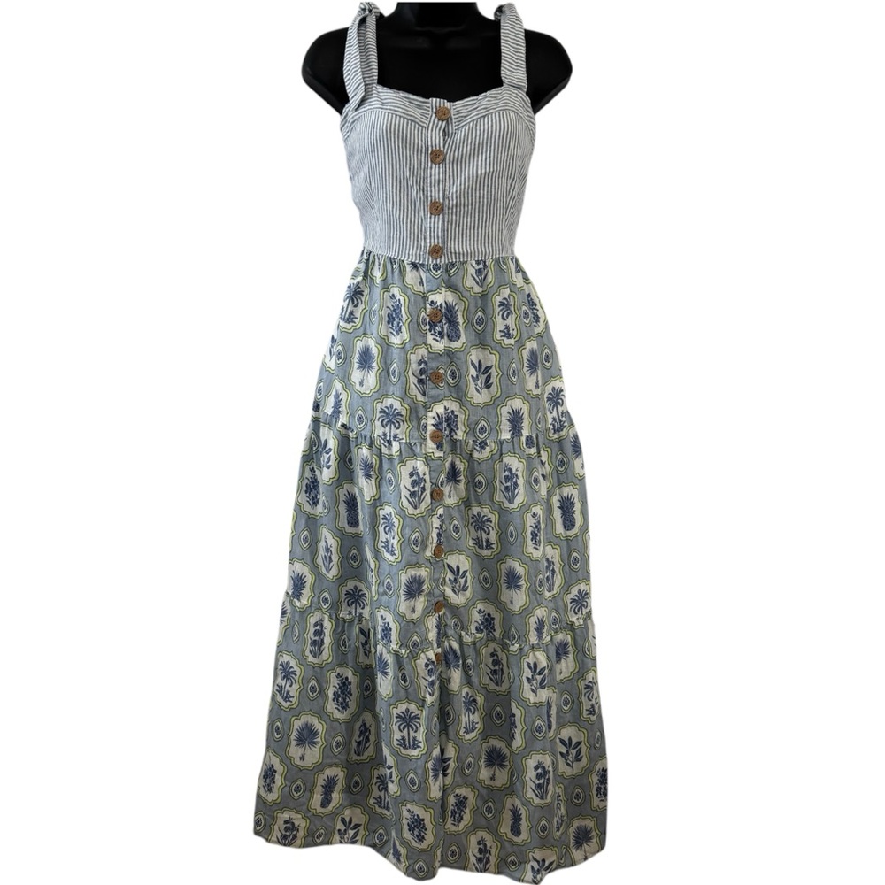 Spartina 449 Baylor Oyster Alley Motif Tiered Buttoned Linen Tiered Midi Dress